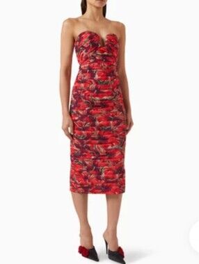 Milly Windmill  Red Floral Strapless Sweetheart Midi Cocktail Evening Dress 12
